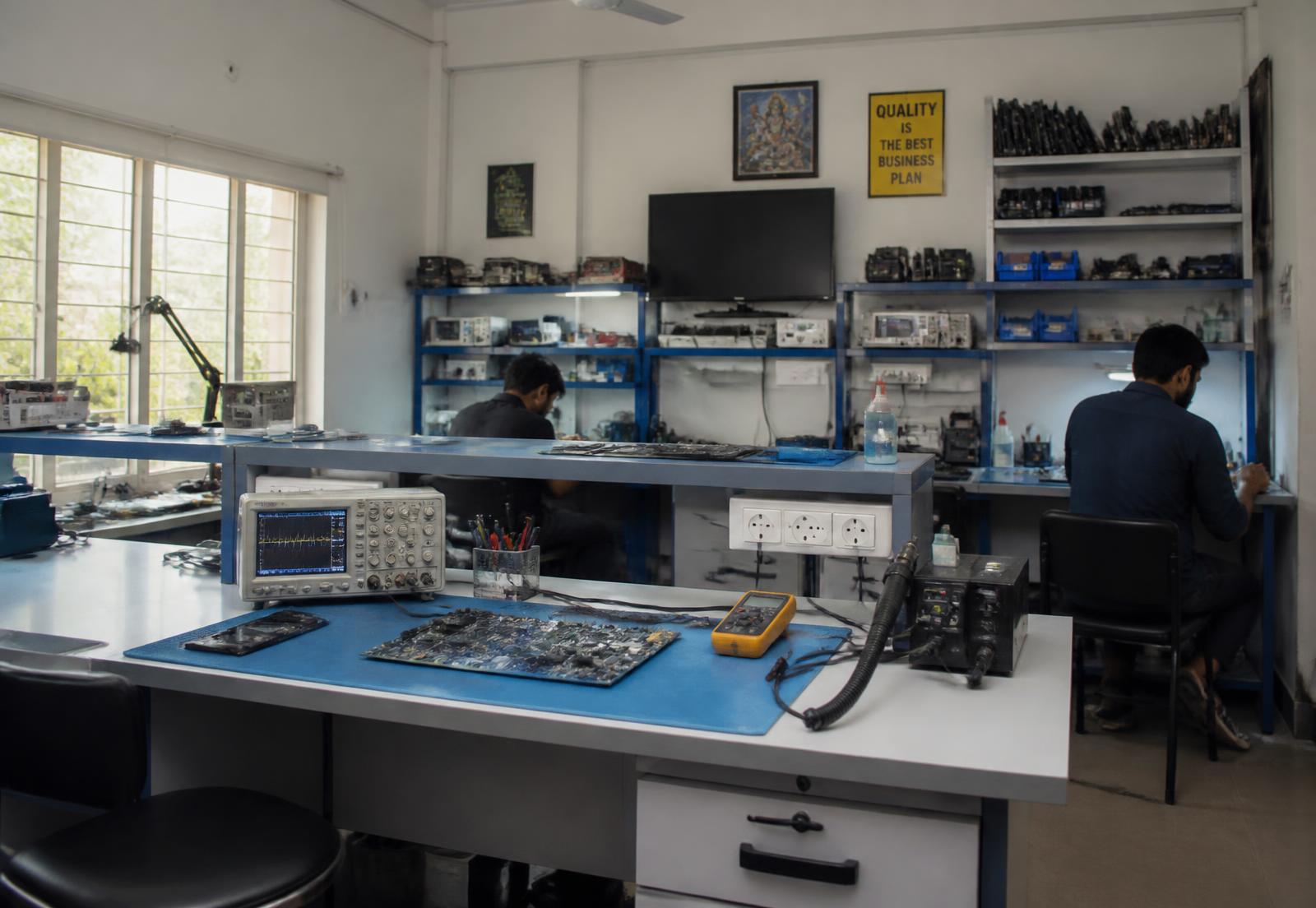 Organised technical workshop with workstations and measuring instruments
