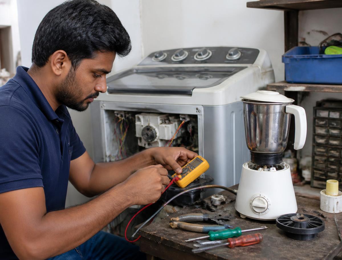 Technician measuring a home appliance component