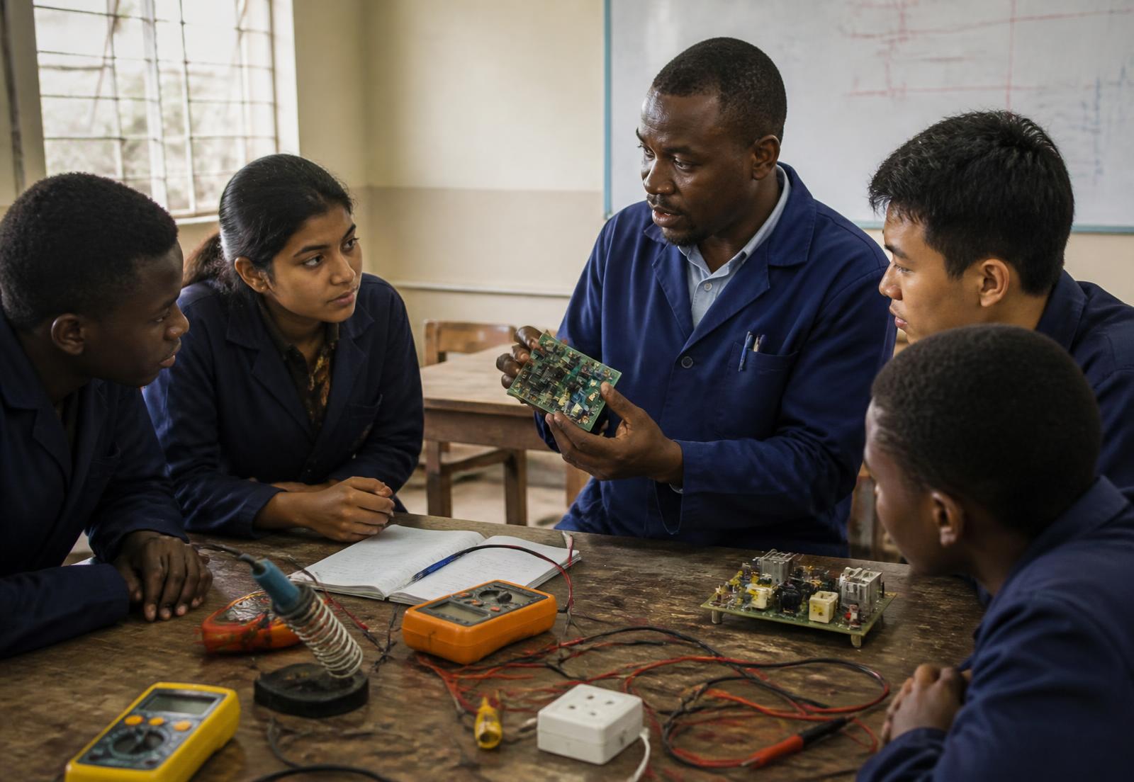Trainer explaining a circuit board to young trainees