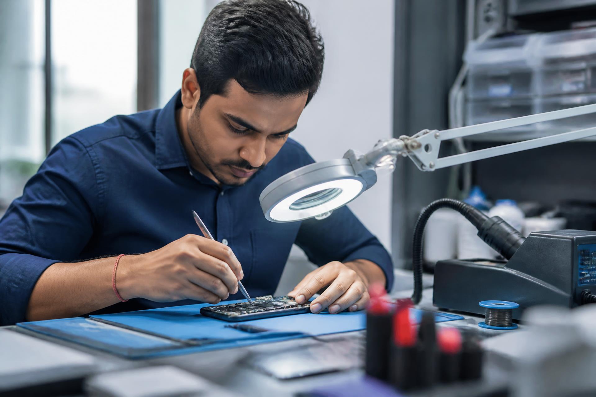 Technician working on a smartphone circuit board in a modern workshop
