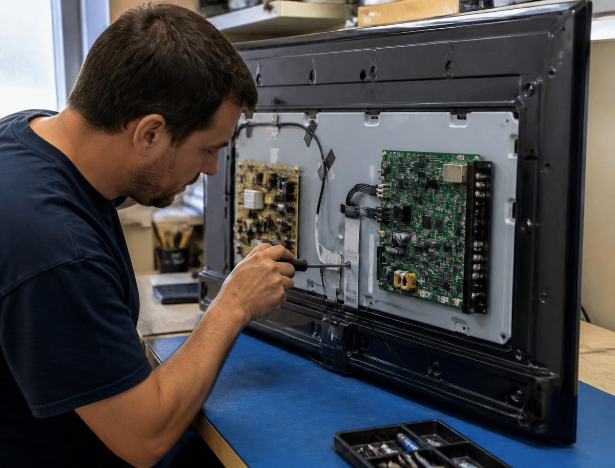 Technician working on the internal boards of a television