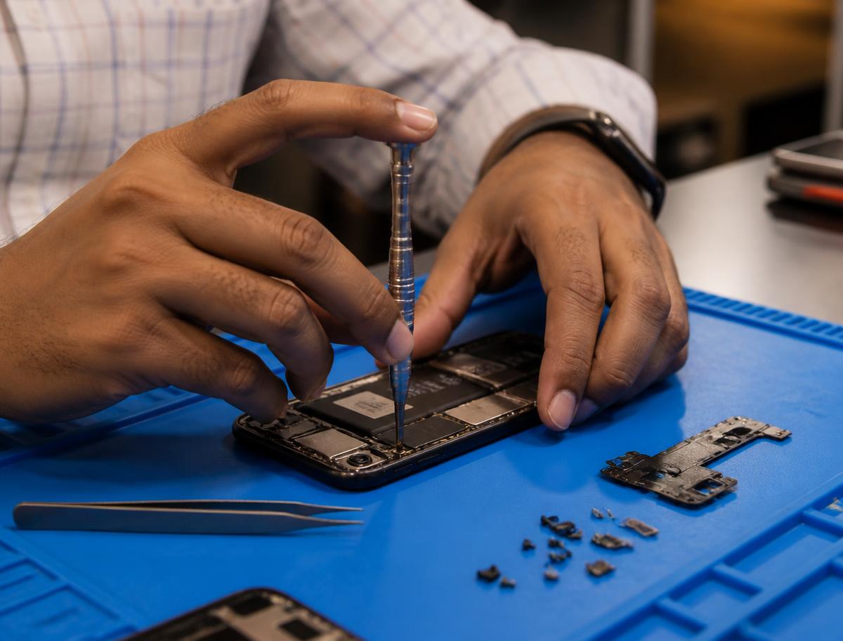 Technician opening a smartphone on an antistatic mat