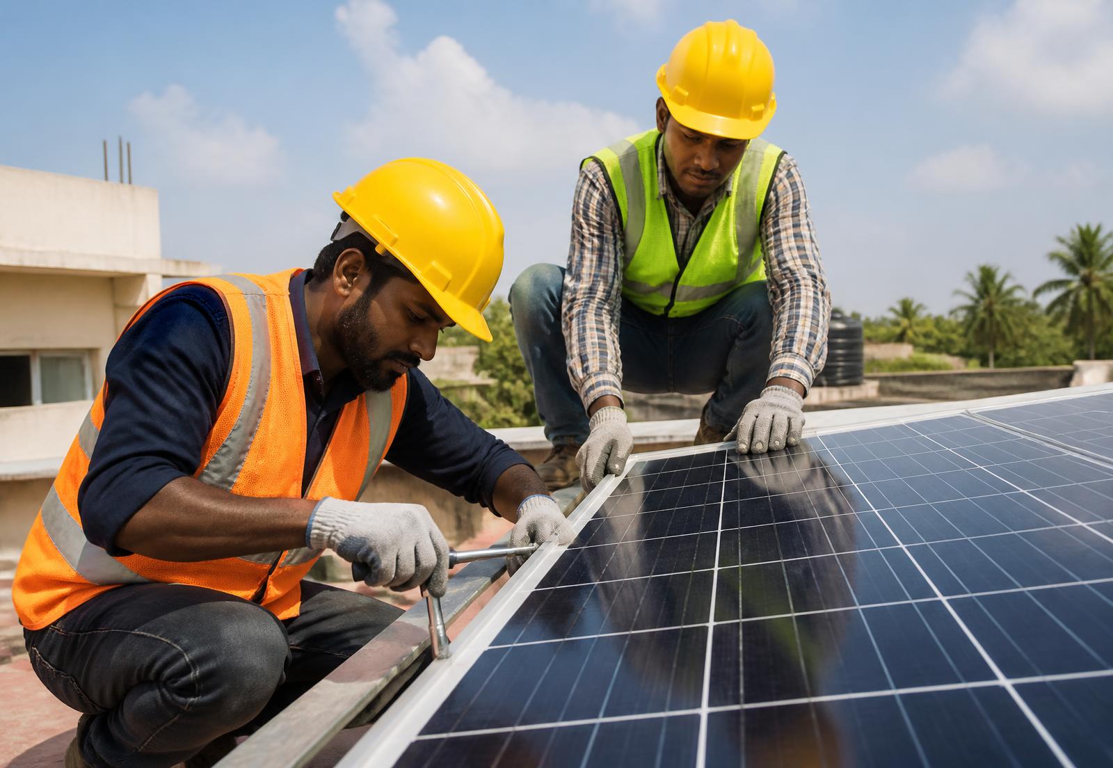 Technicians mounting a solar panel on a rooftop